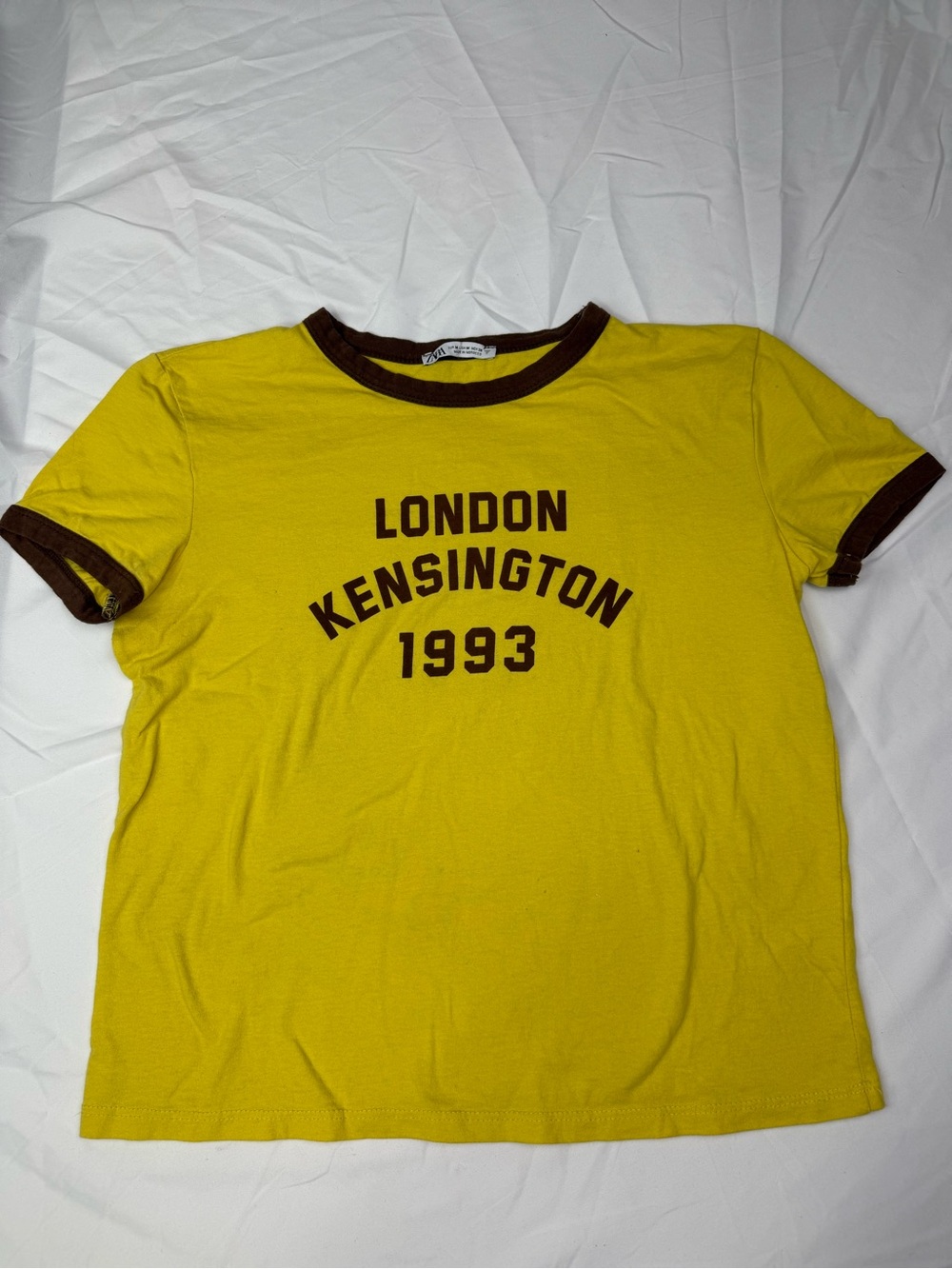Zara Yellow Tee with Brown Trim & London Kensington 1993 Graphic